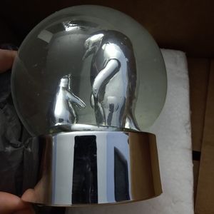 Penguin Snow Globe Chrome Metal Color Poppa or Momma & Baby Penguin Snow Globe
